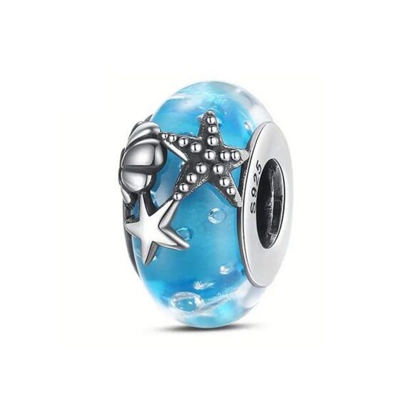 Blue Murano Glass Seashell & Starfish Charm S925 Sterling Silver Universal Fit - Picture 1 of 10